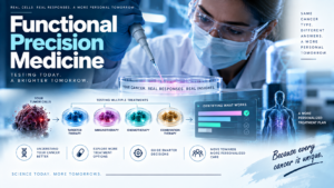 Functional precision medicine illustration showing cancer cells tested against multiple treatments to identify personalized cancer treatment options.