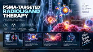 PSMA-targeted radioligand therapy illustrated showing PSMA-positive prostate cancer cells, targeted radioactive treatment, and precision radiation delivery.